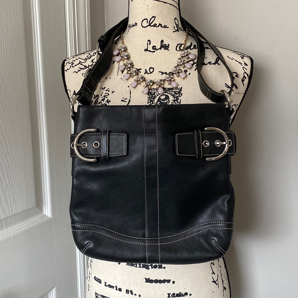 Coach Black Leather Buckle-Accent Crossbody Bag